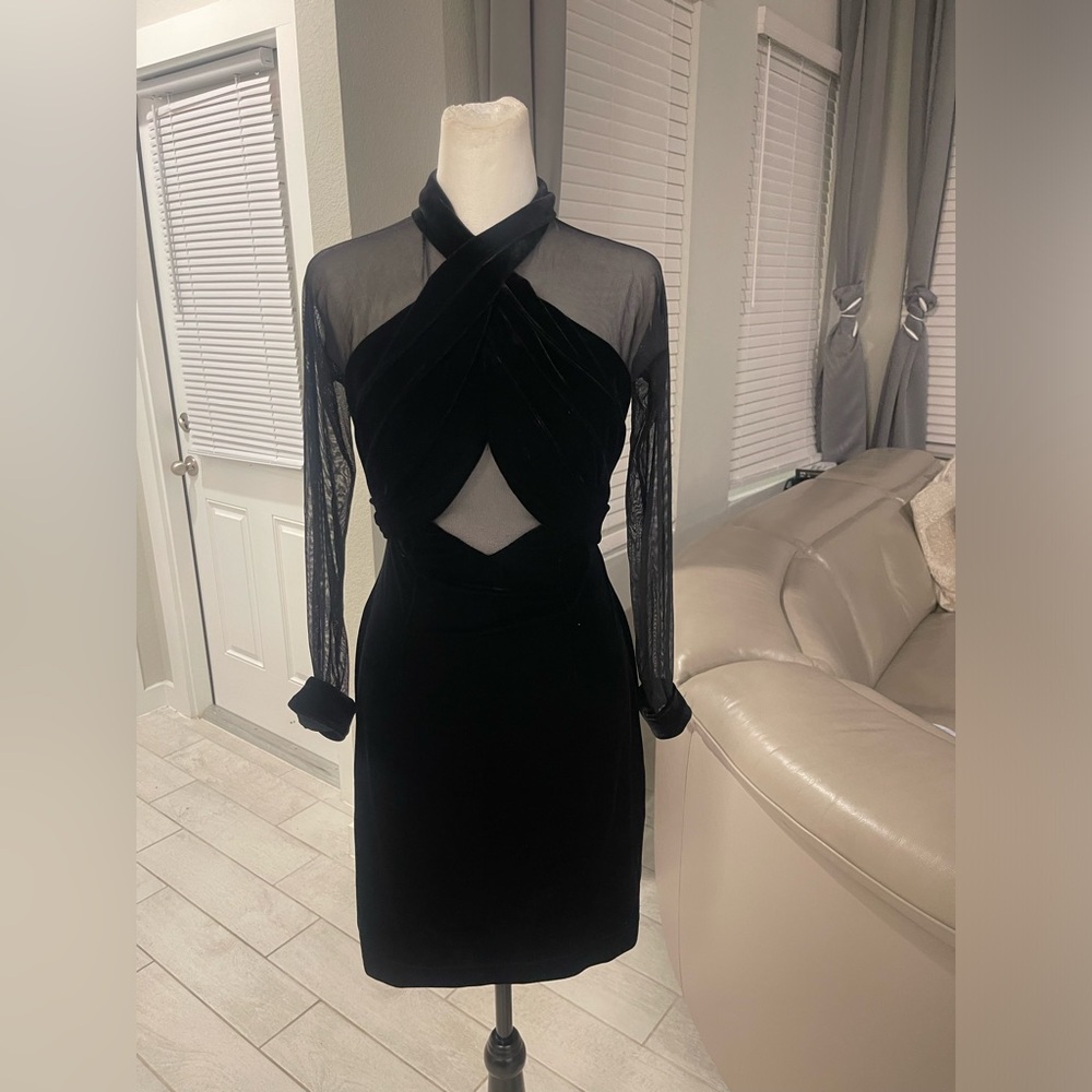 Vintage 1990s Neiman Marcus mesh velvet velour illusion dress Sz M